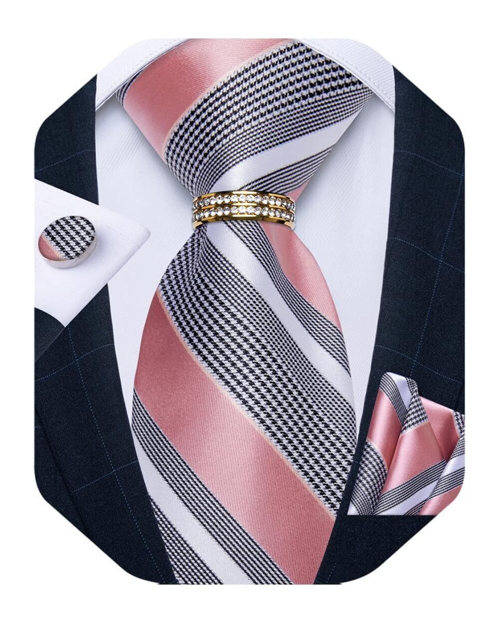 3743 Tie Set Silk Necktie and Gold Tie Ring Pocket Square Cufflinks Formal